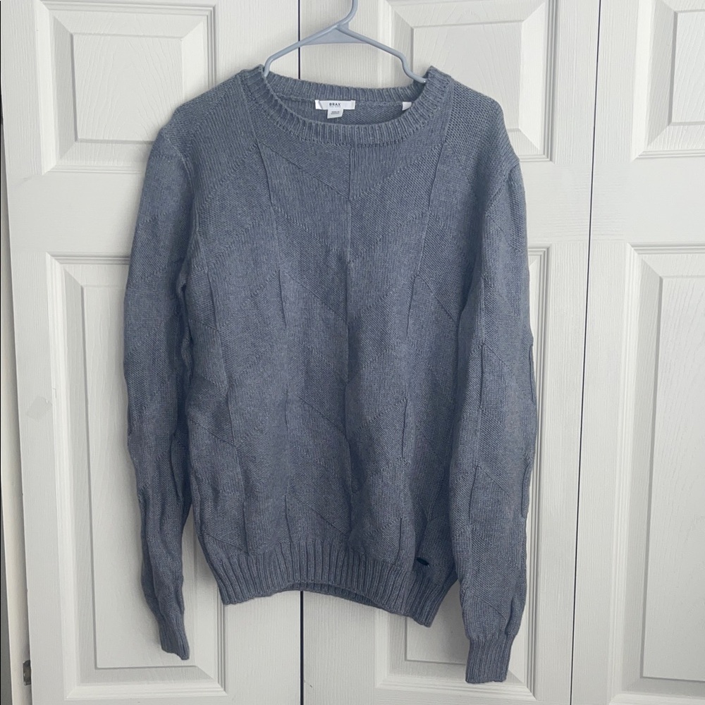 Brax Rick Gray Virgin Merino Wool Chevron Textured Knit Crewneck Sweater. #0266